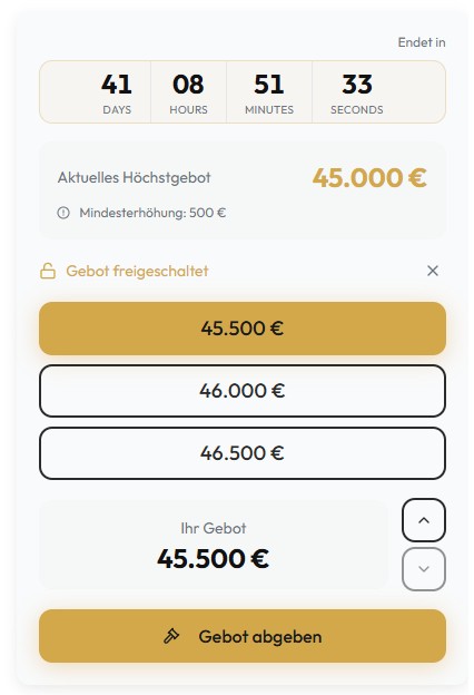 Timed auction live bidding interface with countdown timer and bid buttons