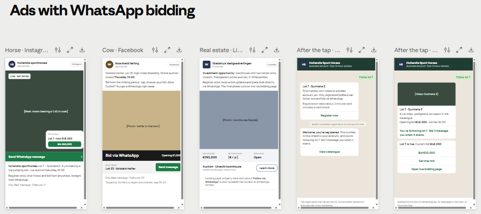 Example social ads for WhatsApp bidding across Instagram, Facebook and LinkedIn — horse, livestock and real-estate lots — and the WhatsApp registration flow after a follower taps through